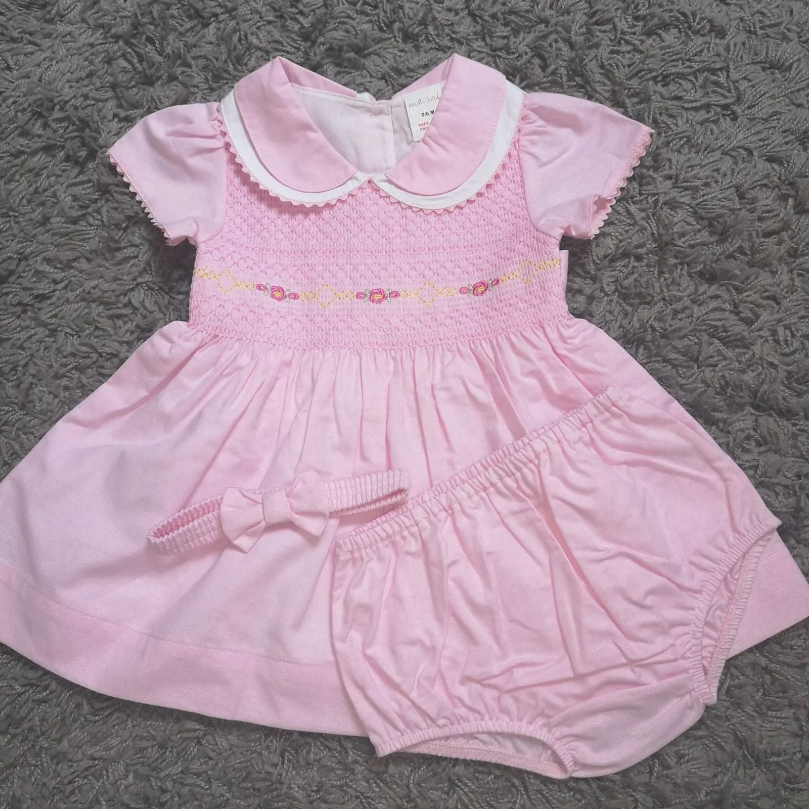 Pink Rose Smock Dress with Matching Bloomers and Headband